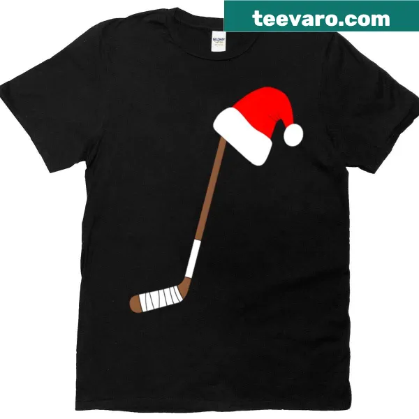 Christmas-themed t-shirt with hockey stick and Santa hat illustration
