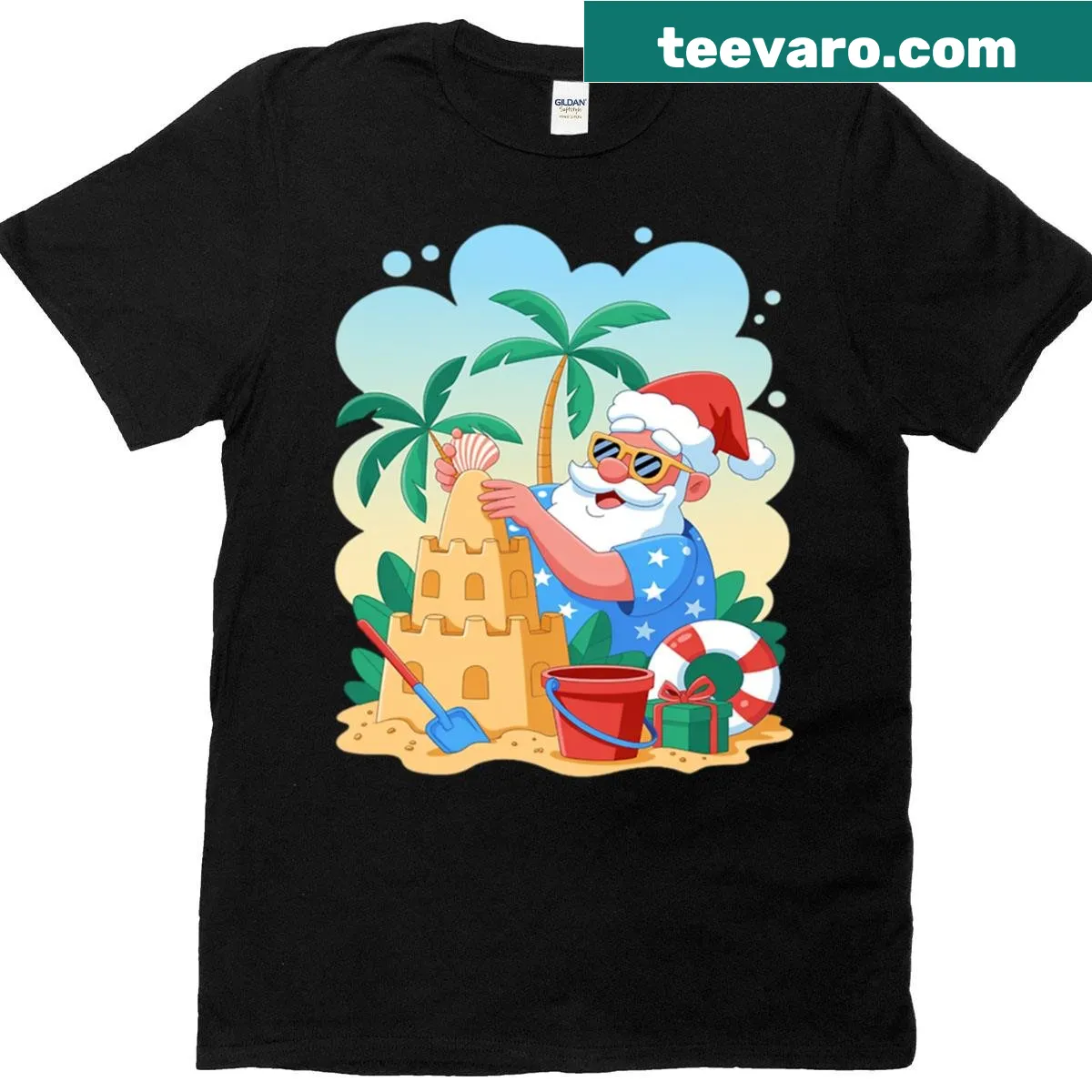 Illustration of Santa and flamingo on kids' Christmas in July T-shirt — on a men's t-shirt