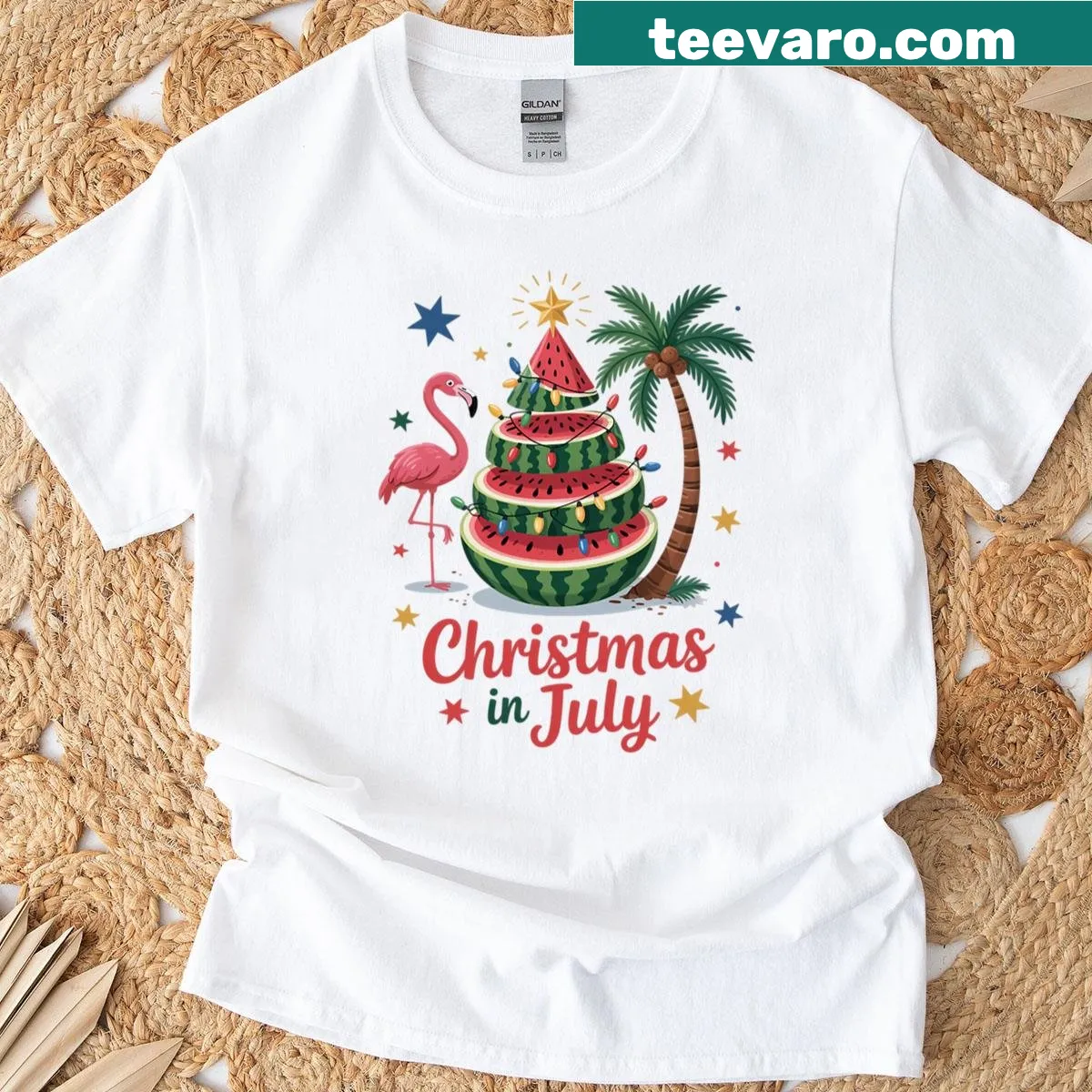 Playful summer shirt with flamingo, watermelon, and Christmas tree — on a men's t-shirt