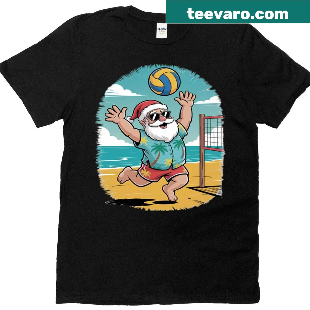 Santa Claus volleyball beach graphic T-shirt — on a men's t-shirt