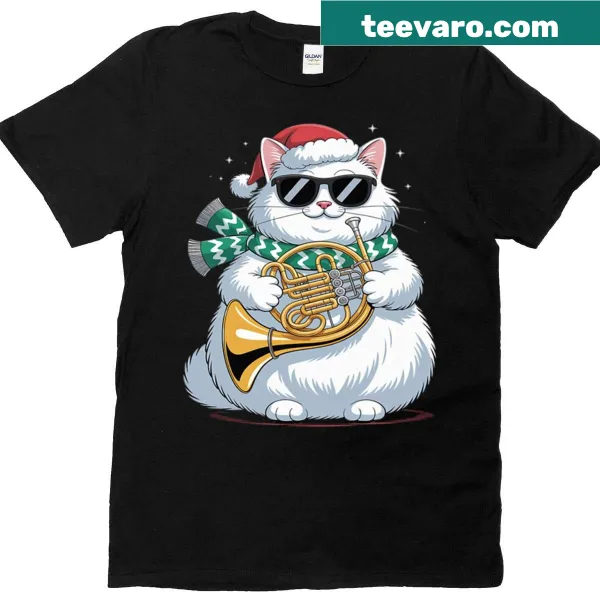 Christmas t-shirt with a jazz cat playing French horn