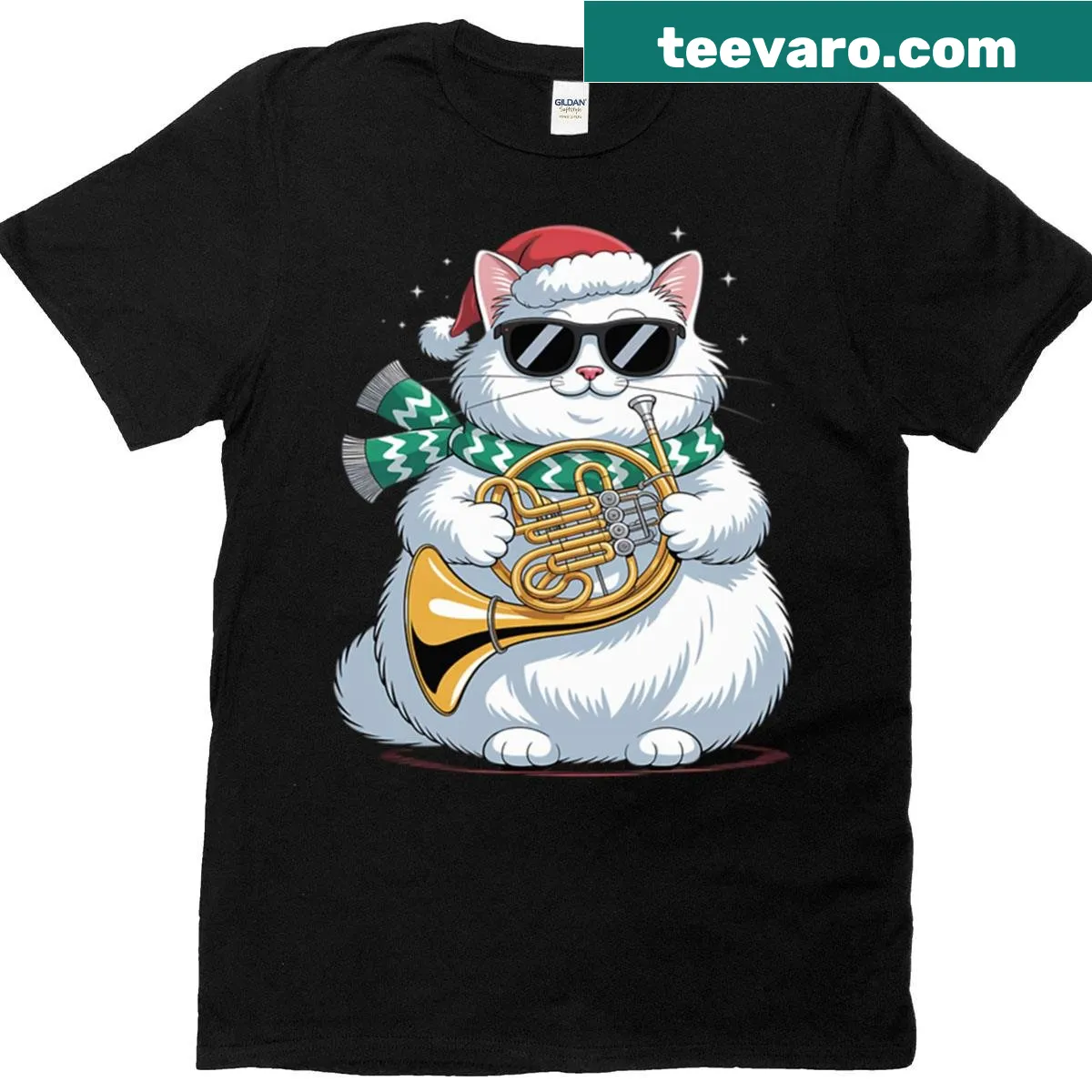 Christmas t-shirt with a jazz cat playing French horn — on a men's t-shirt