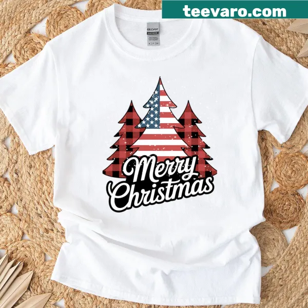 Christmas lights and USA flag graphic T-shirt.