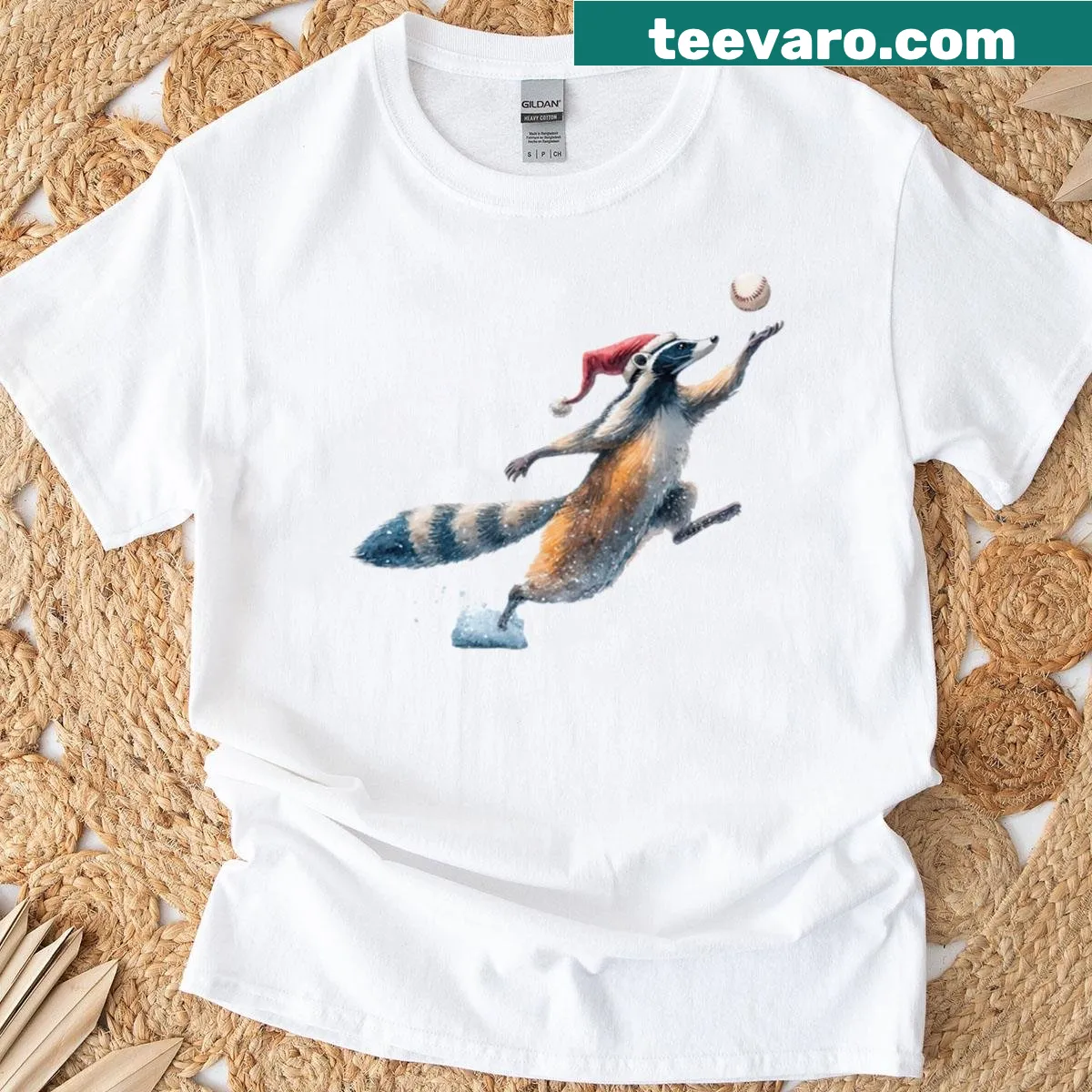 Raccoon in Santa hat with baseball design on a t-shirt — on a men's t-shirt