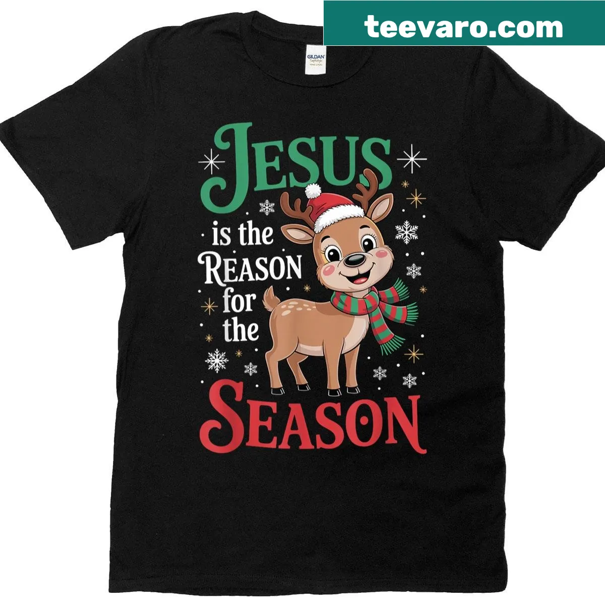 Illustrated Christmas t-shirt with reindeer and text about Jesus — on a men's t-shirt
