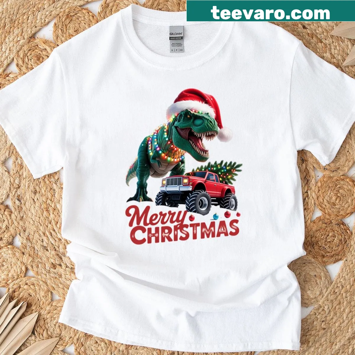 T-shirt with a T-Rex in a monster truck celebrating Christmas — on a men's t-shirt