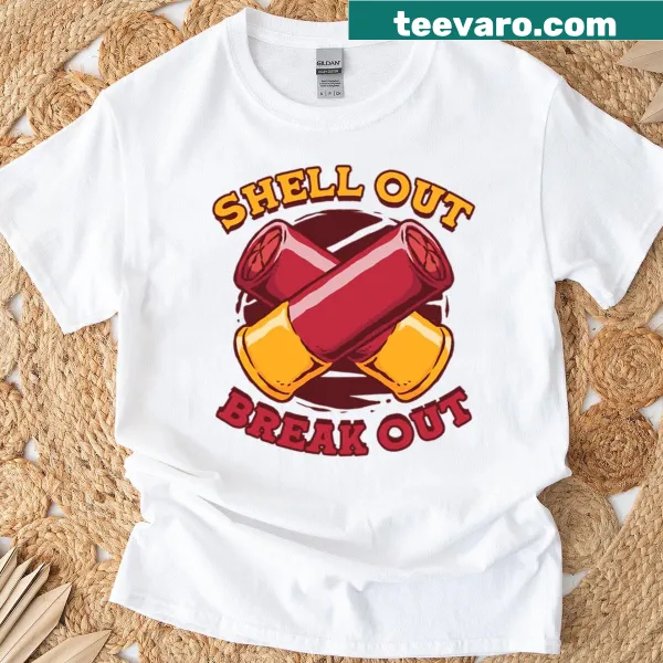 Playful T-shirt with the phrase 'Shell Out Break Out' for clay shooting