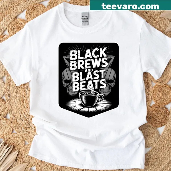 T-shirt featuring coffee, metal music, and drumming theme