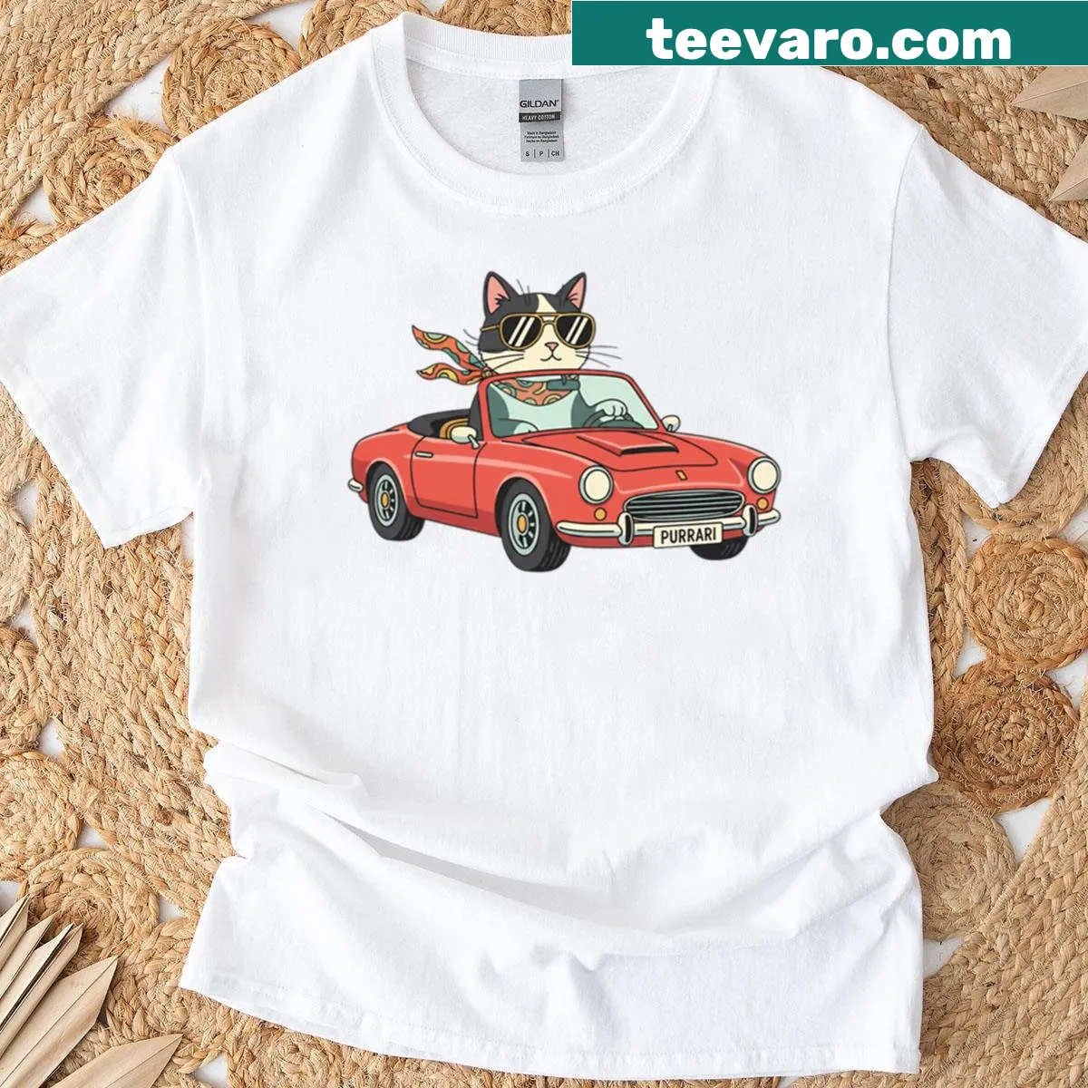 Cartoon cat in red convertible design — on a men's t-shirt