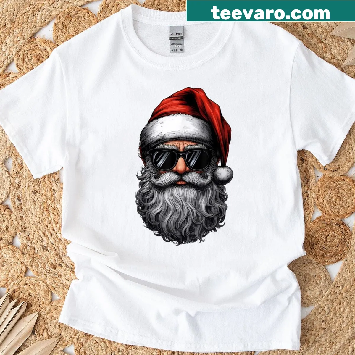 Santa Claus with sunglasses graphic on a holiday t-shirt. — on a men's t-shirt
