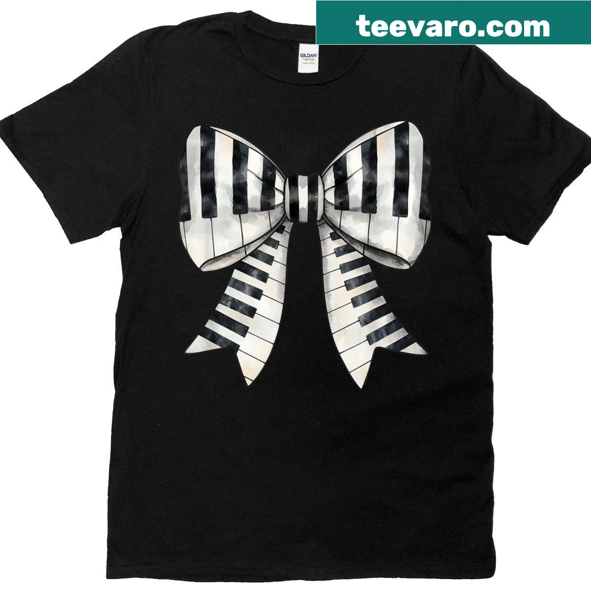 T-shirt featuring a bow and piano keys for music lovers — on a men's t-shirt