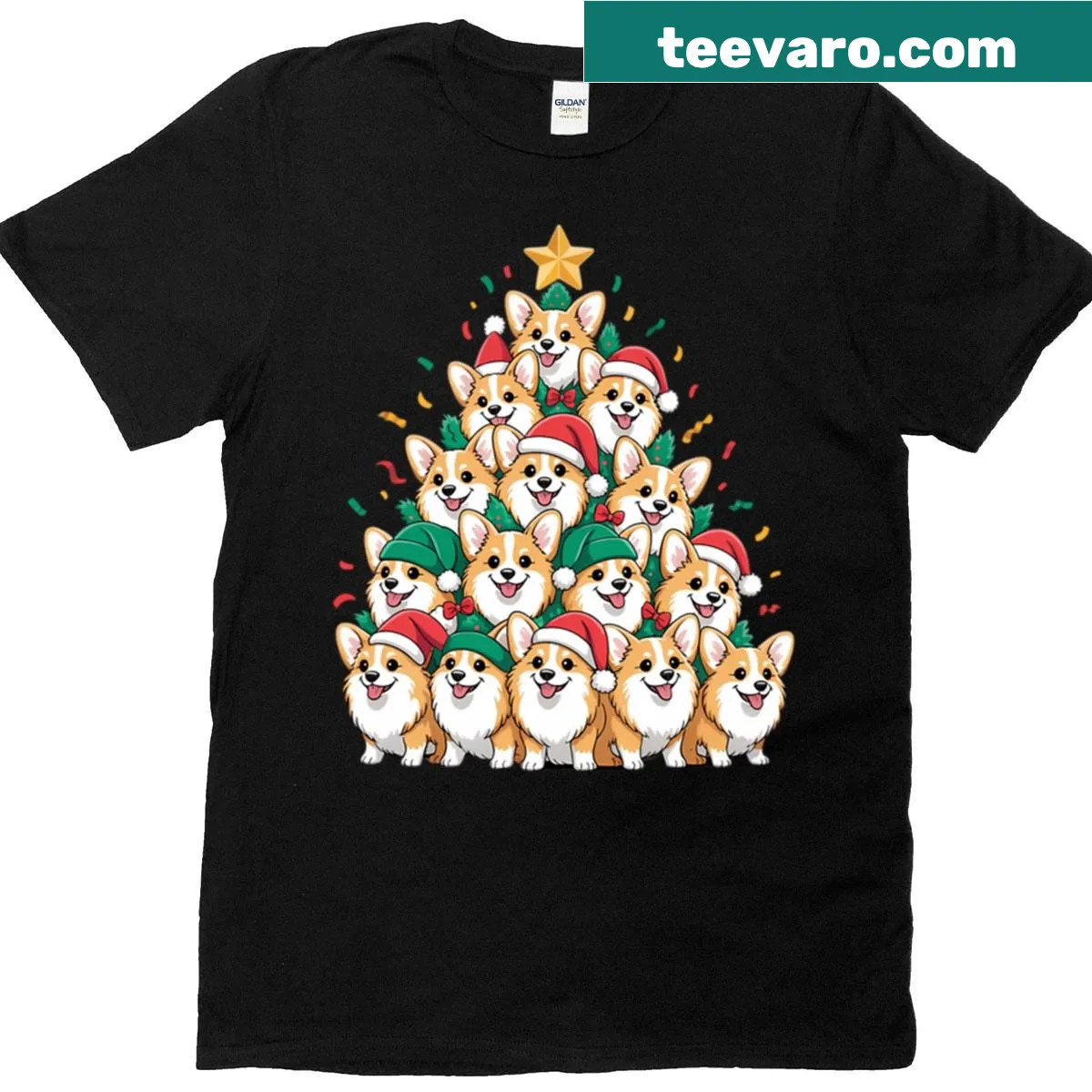 Cute T-shirt featuring a Corgi and Christmas tree design — on a men's t-shirt