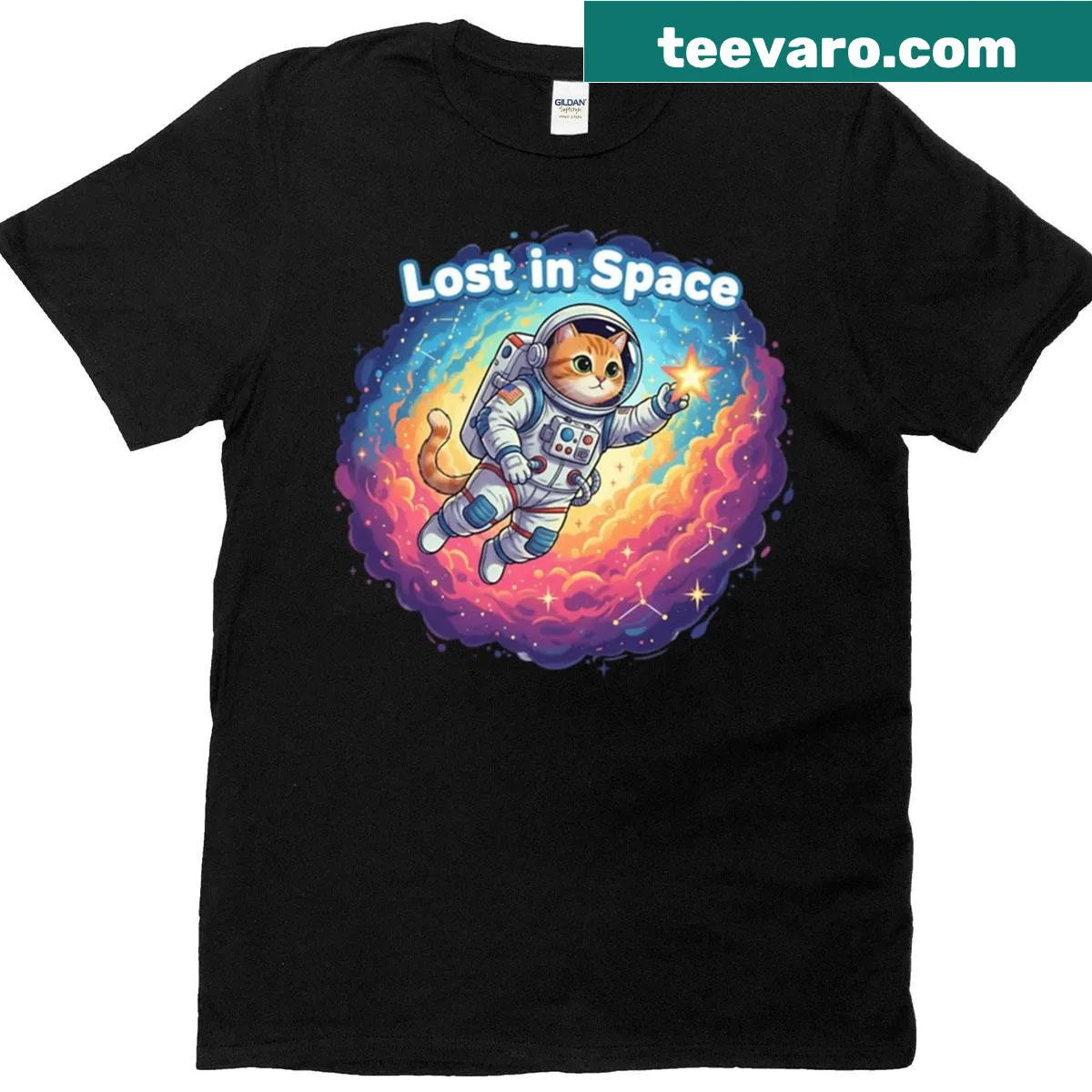 Cute cartoon T-shirt with a cat in space illustration — on a men's t-shirt