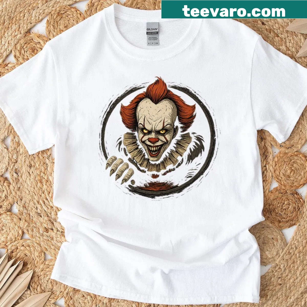 Horror-themed T-shirt featuring a creepy clown and red balloon — on a men's t-shirt
