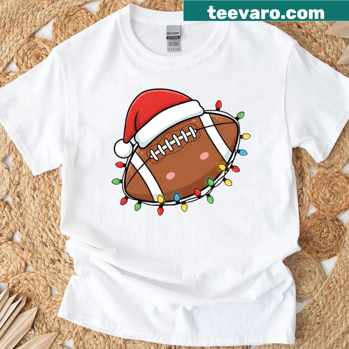 Cute American football with Santa hat design — on a men's t-shirt