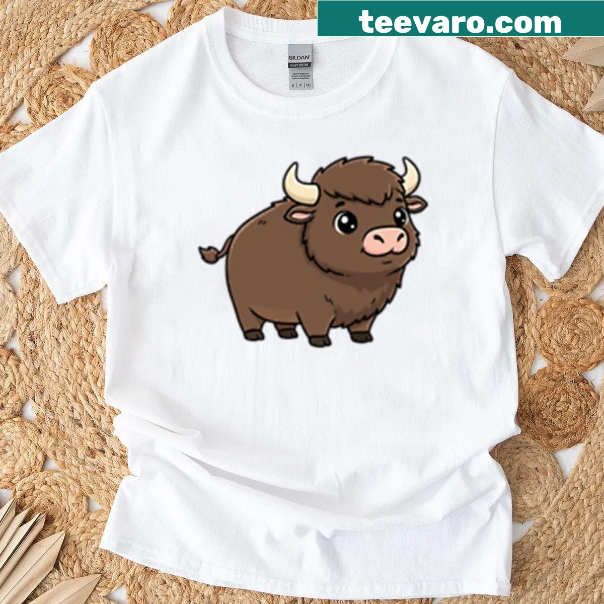 Cartoon baby buffalo with big eyes on T-shirt — on a men's t-shirt