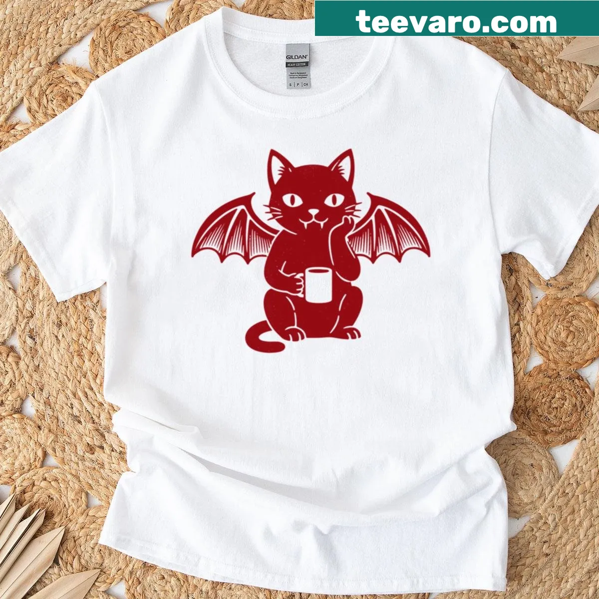 Cute bat-cat graphic on coffee-themed T-shirt — on a men's t-shirt