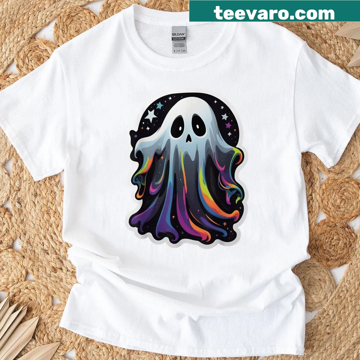 Cartoon ghost design for Halloween, cute and playful. — on a men's t-shirt