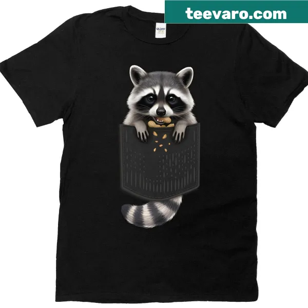 Cute raccoon graphic peeking from a pocket on a humorous t-shirt