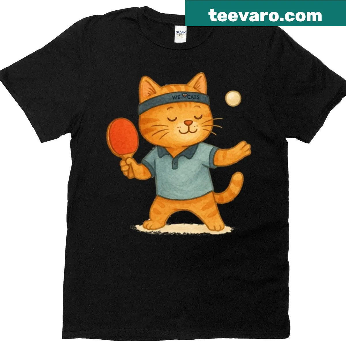 Watercolor-style graphic of a cat playing table tennis on a t-shirt — on a men's t-shirt