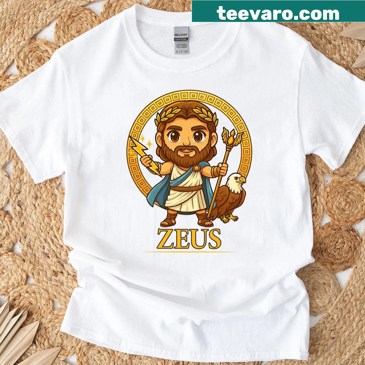 Chibi illustration of Zeus from Greek mythology — on a men's t-shirt