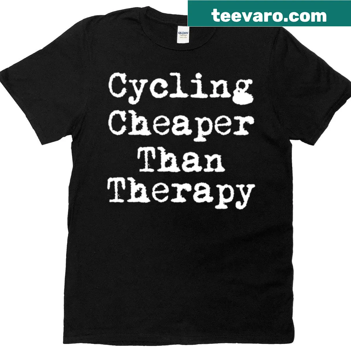 T-shirt with text 'Cycling Cheaper Than Therapy' in bold typography — on a men's t-shirt