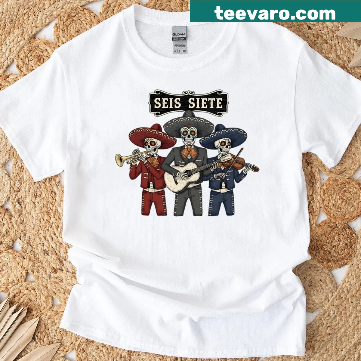 Day of the Dead mariachi skeletons T-shirt with festive design — on a men's t-shirt