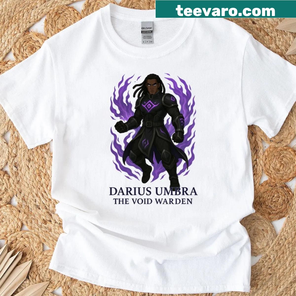 Illustration of Darius Umbra, a shadow guardian character, in a fantasy style. — on a men's t-shirt
