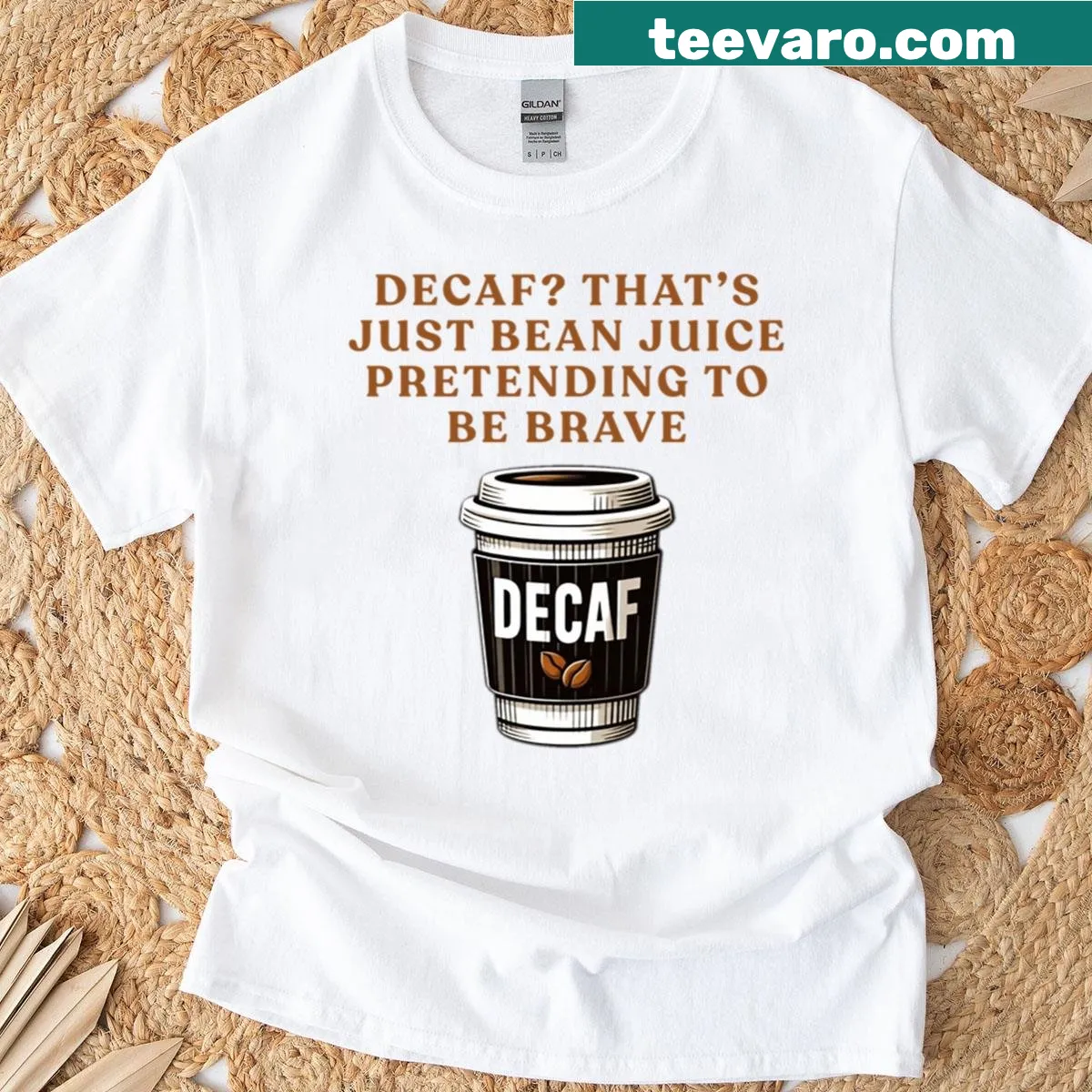 Witty coffee-themed shirt with humorous text — on a men's t-shirt