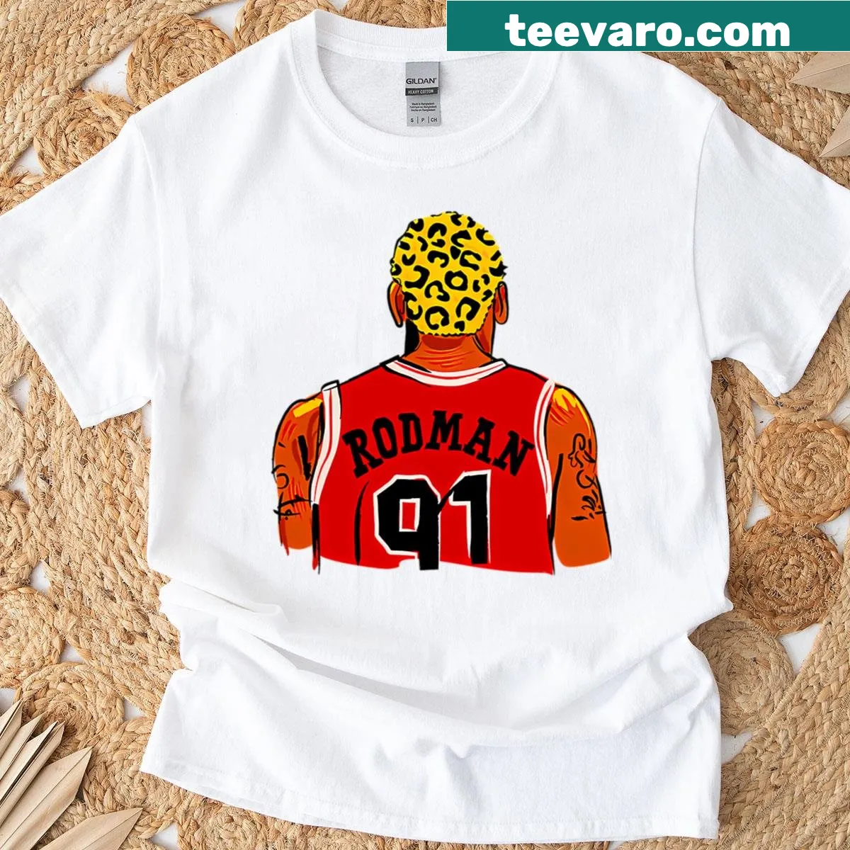Illustration of Dennis Rodman with leopard hair in cartoon style — on a men's t-shirt