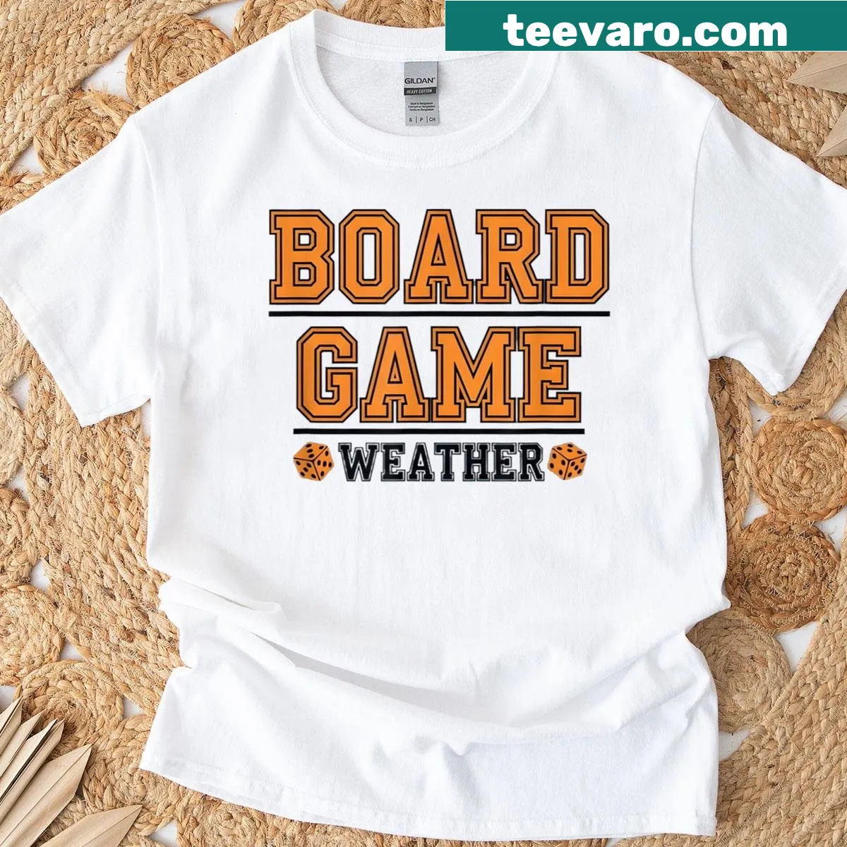 Humorous typography T-shirt featuring gaming dice and weather themes — on a men's t-shirt