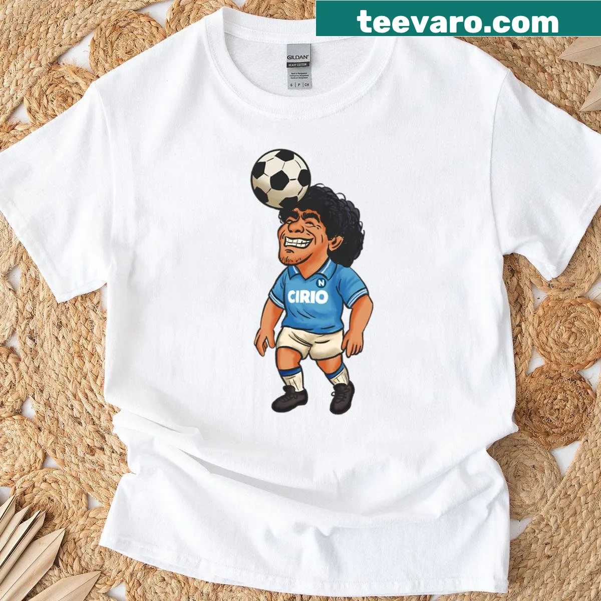 Cartoon illustration of Diego Maradona in action, celebrating football — on a men's t-shirt