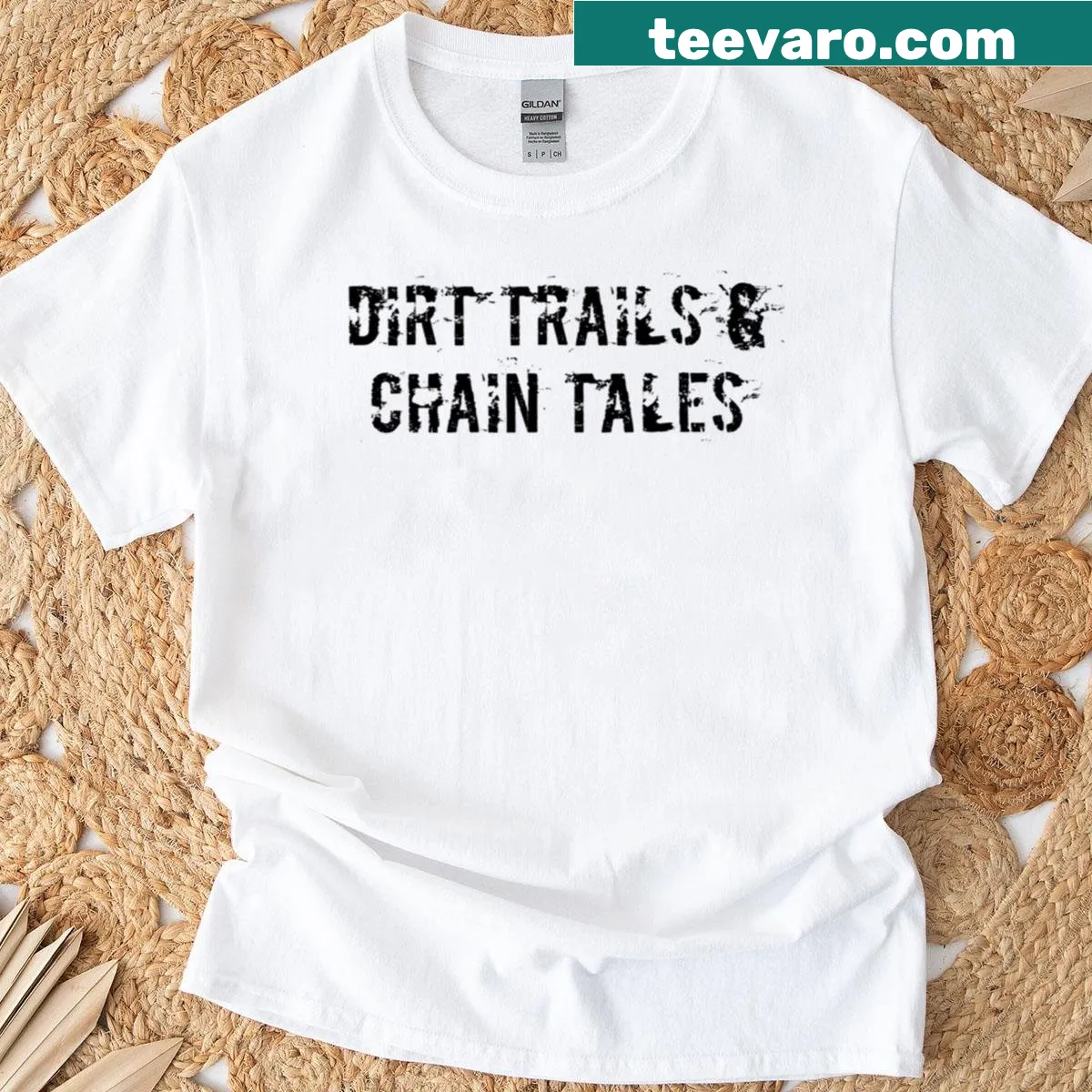 Typographic Dirt Trails Chain Tales design for biking enthusiasts — on a men's t-shirt
