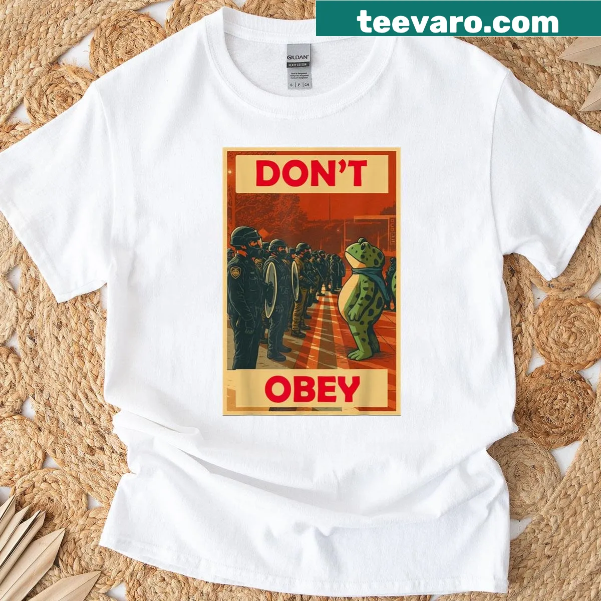 Protest T-shirt featuring a bold frog graphic and typography — on a men's t-shirt