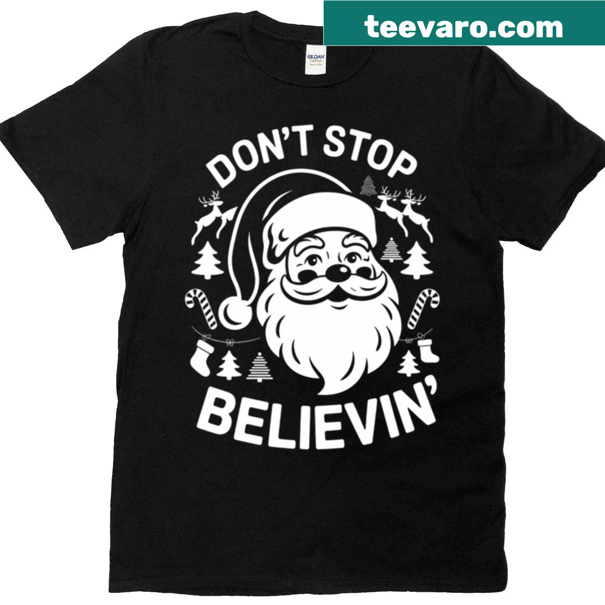 Humorous Santa-themed Christmas t-shirt with 'Don't Stop Believin'' text — on a men's t-shirt