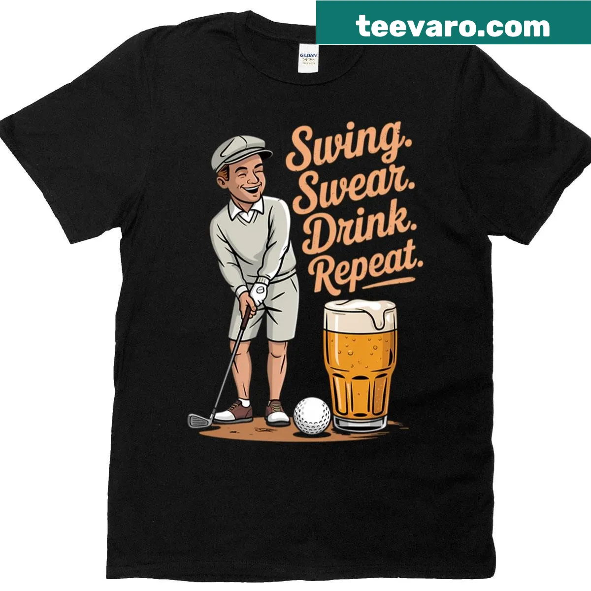 Humorous golf player t-shirt featuring beer-related text — on a men's t-shirt