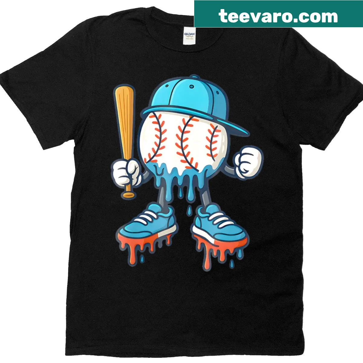 Cartoon baseball player with bat on a fun T-shirt design — on a men's t-shirt