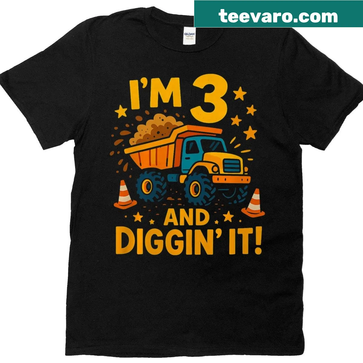 Illustration of a dump truck for a child's 3rd birthday — on a men's t-shirt