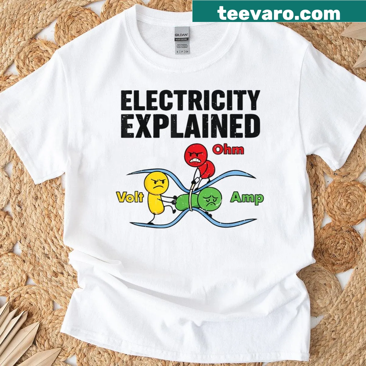 Funny science T-shirt featuring electricity-themed humor and phrases — on a men's t-shirt