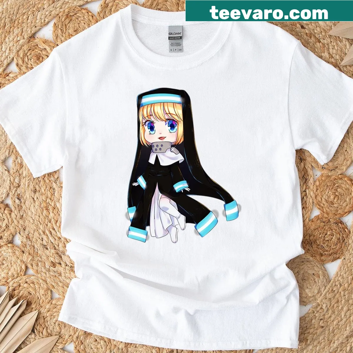 Anime-inspired shirt featuring Sister Iris from Fire Force. — on a men's t-shirt