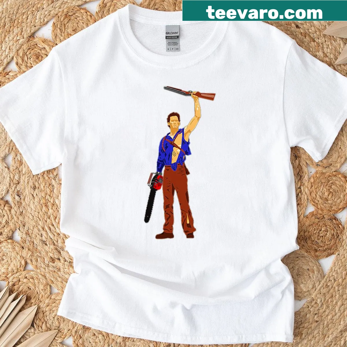 Evil Dead t-shirt featuring Boomstick graphic — on a men's t-shirt