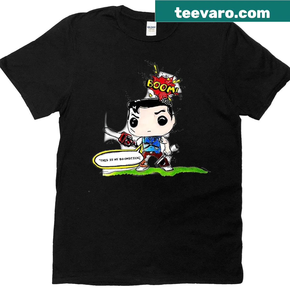 Cartoon design of Ash from Evil Dead on T-shirt — on a men's t-shirt