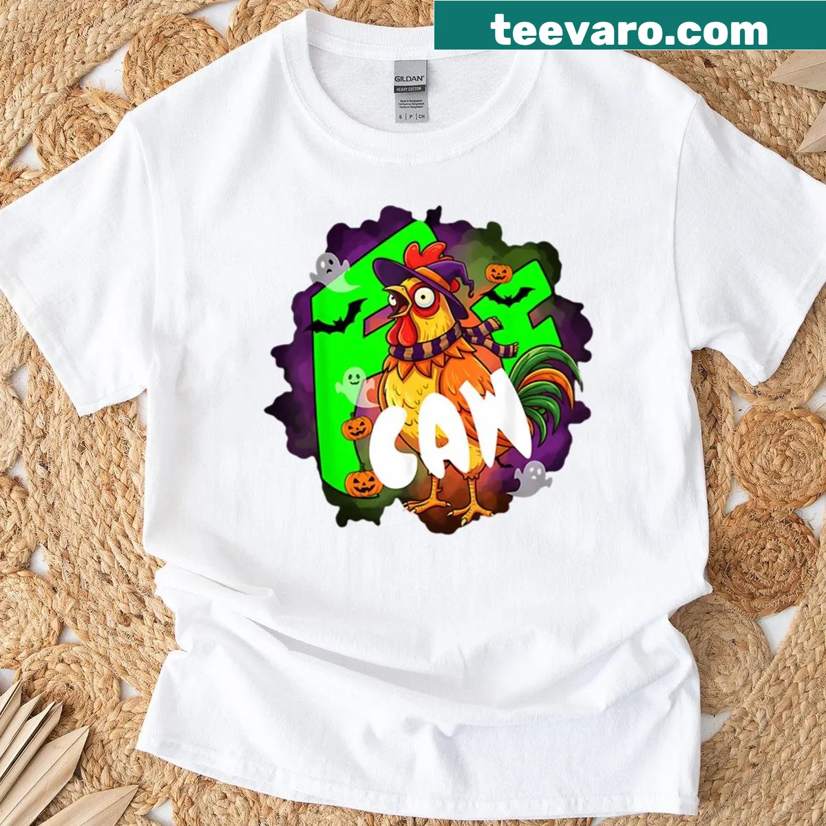 Funny chicken Halloween design t-shirt featuring a whimsical chicken. — on a men's t-shirt