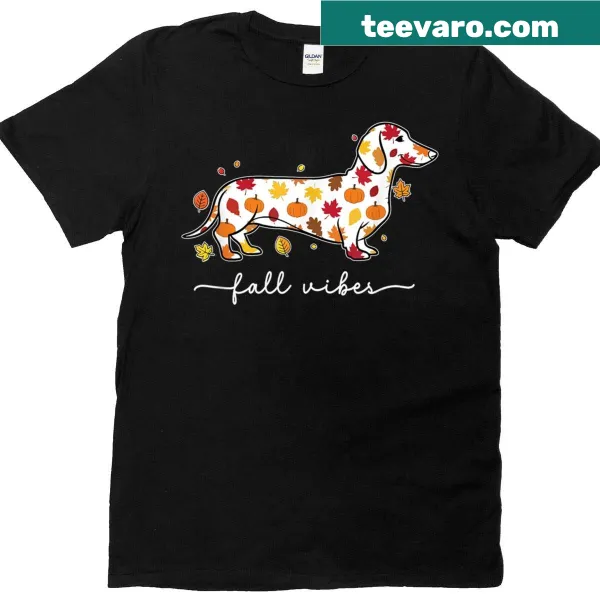 Wiener dog illustration t-shirt with fall-themed elements