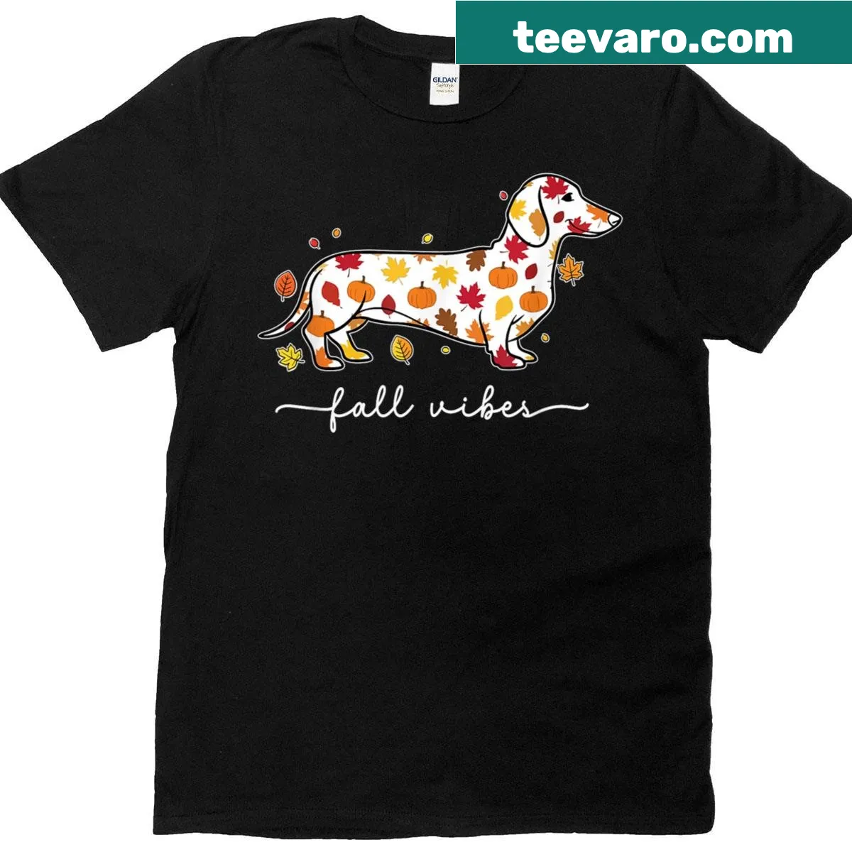 Wiener dog illustration t-shirt with fall-themed elements — on a men's t-shirt