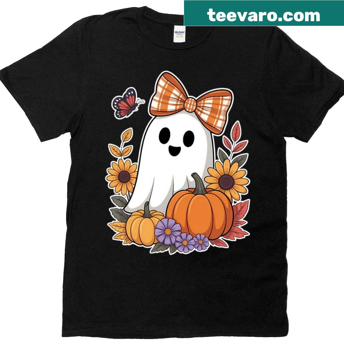 Floral ghost with bow and pumpkin design for Halloween. — on a men's t-shirt