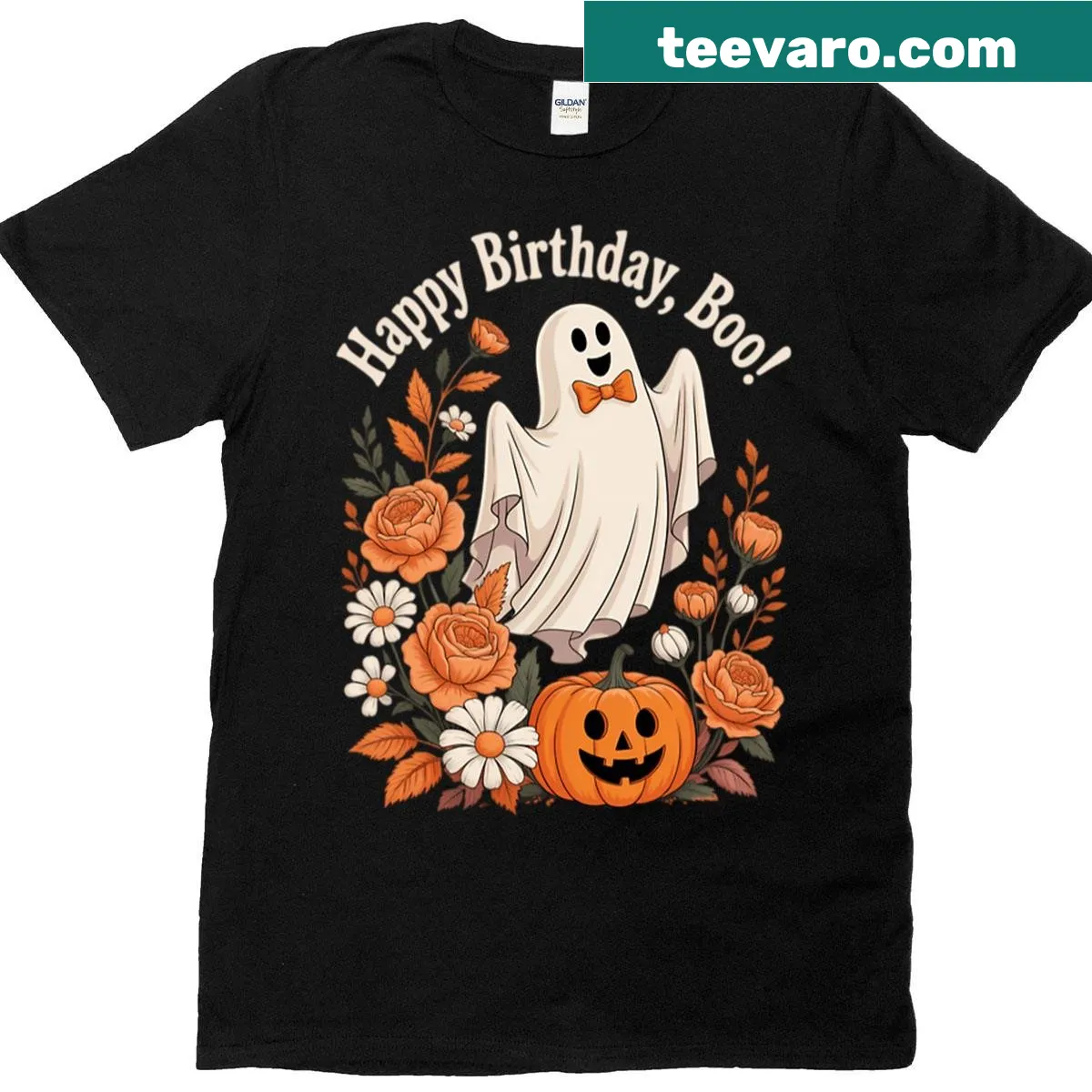Cute floral ghost and pumpkin illustration on Halloween t-shirt — on a men's t-shirt