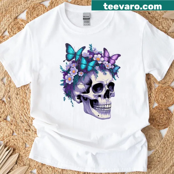 Gothic shirt featuring a floral skull and butterfly design for Halloween
