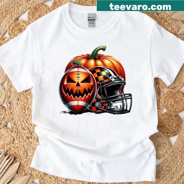 T-shirt featuring a football helmet and pumpkin ball Halloween design