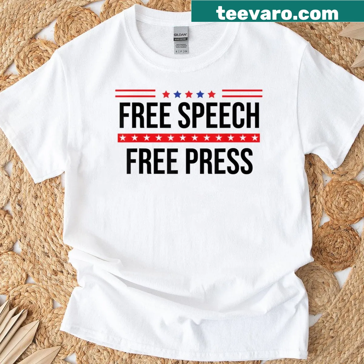 T-shirt promoting free speech and free press with bold text — on a men's t-shirt